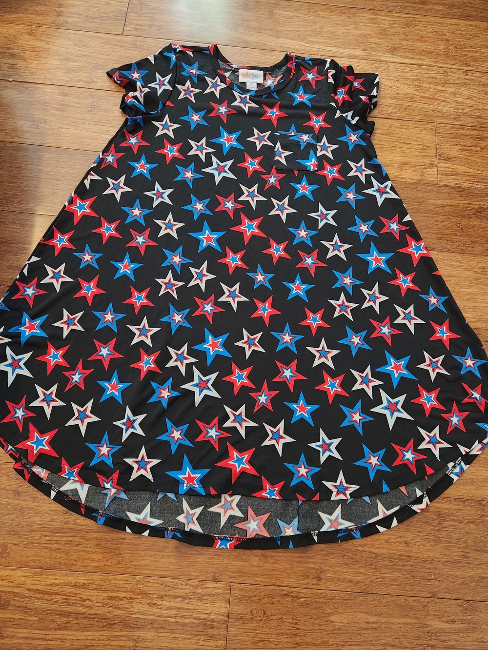 LuLaRoe Girl's Black Red White & Blue Star Print Scarlet Pocket Dress, Size 10